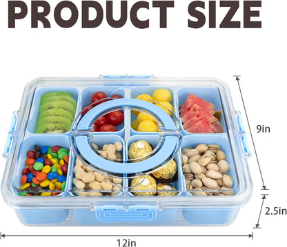 Divided Serving Tray with Lid and Handle,8 Compartments Snacks Box,Snack Fruit Tray,Veggie Tray,Portable Platter for Candy Fruits Nuts Snack Party Entertaining Picnic (2PCS Pink)