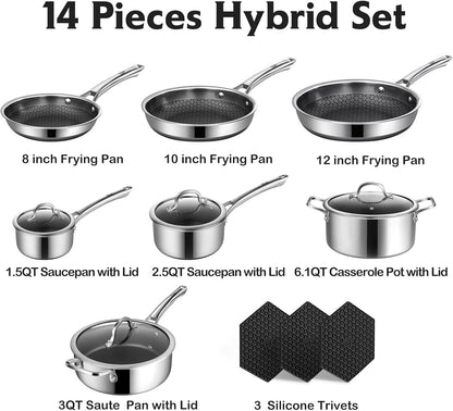SNOWCLAD Pots and Pans Set Non Stick, 14 Pcs Hybrid Stainless Steel Cookware Sets, Non Stick Frying Pans, Saucepans, Saute Pan & Stock Pot, PFOA Free Kitchen Skillet,Induction Compatible
