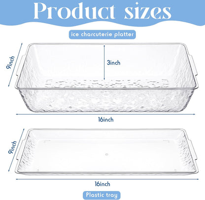 Baderke 4 Set 16" x 9" Plastic Chilled Serving Tray for Parties with Compartments Ice Chilled Party Platter Charcuterie Serving Board Cold Dish Dip for Fruit Seafood Vegetable Appetizer (Clear)