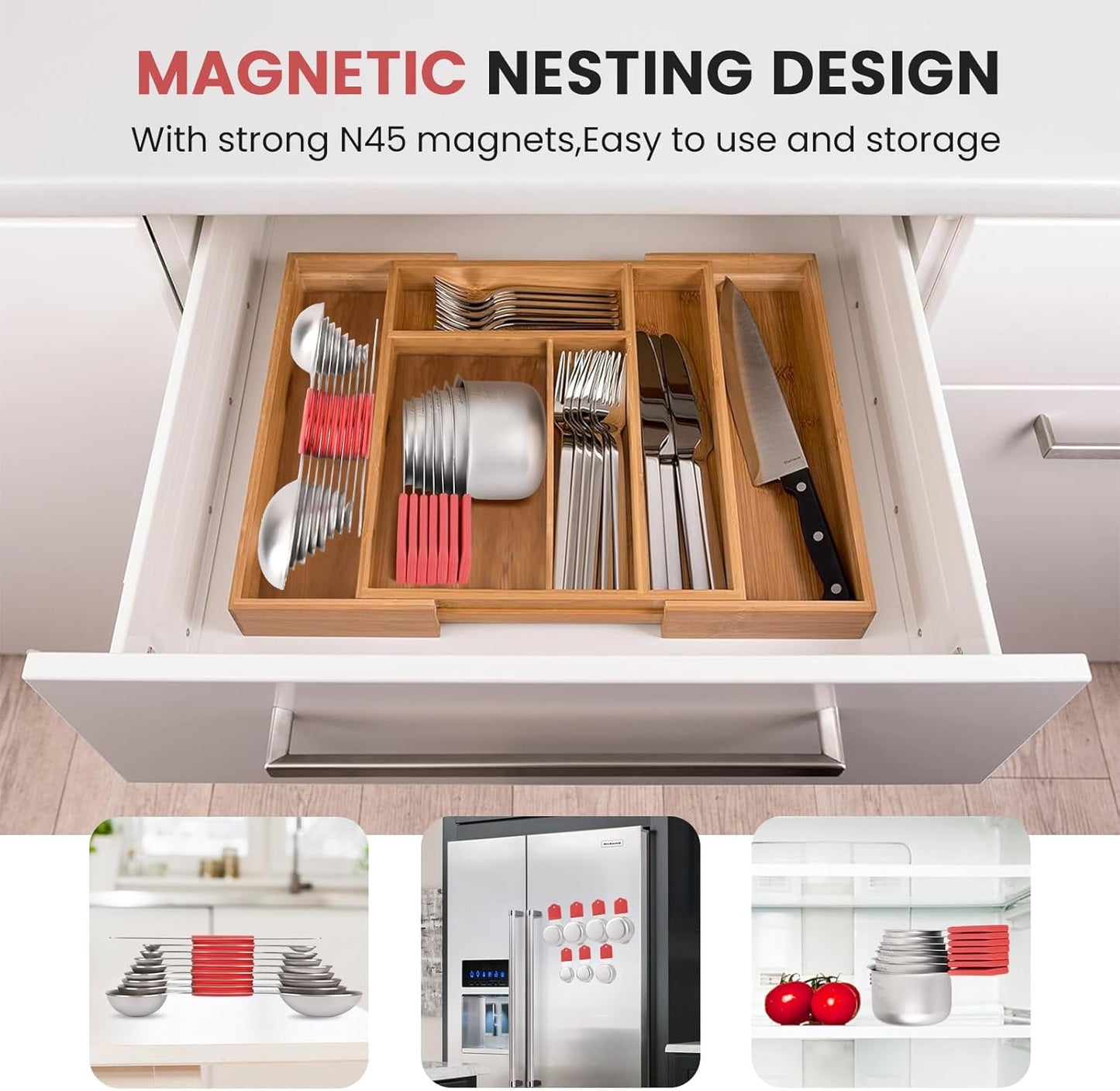 Magnetic Measuring Cups and Spoons Set-Heavy Duty 304 Stainless Steel，Double Measurement Markings，Set of 16 with Leveler for Measure Dry and Liquid Ingredients (Black)