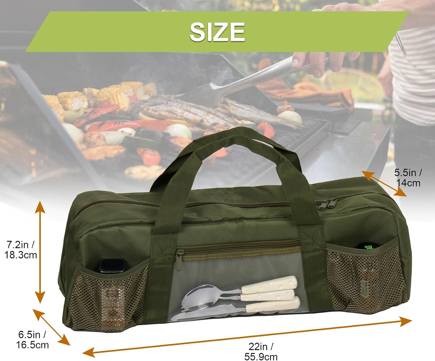 24" Grill Tool Storage Bag, Canvas, Black, Unisex, Classic Style, 60x24x24 cm/24 * 9.4 * 9.4 inches, Zipper Closure, Hand Strap, Perfect for Outdoor Grilling, Camping, Hiking