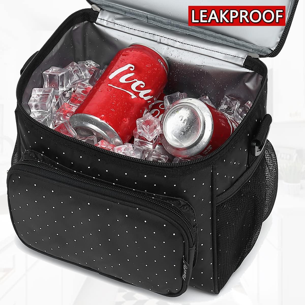 FlowFly Insulated Reusable Lunch Bag Adult Large Lunch Box for Women and Men with Adjustable Shoulder Strap,Front Zipper Pocket and Dual Large Mesh Side Pockets,Cherry - Colors B