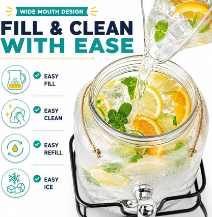 Estilo Gallon Drink Dispenser with Stand - Glass Beverage Dispenser with Stand for Weddings - Sun Tea Jar with Spigot 1 Gallon - Countertop Glass Water Dispenser for Lemonade and Parties