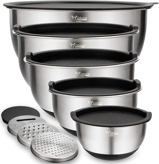 Wildone Mixing Bowls with Airtight Lids Set, 5PCS Stainless Steel Khaki Nesting Bowls for Kitchen, with Grater Attachments & Non-Slip Bottoms, Size 5, 3, 2, 1.5, 0.63 QT, Great for Mixing & Serving