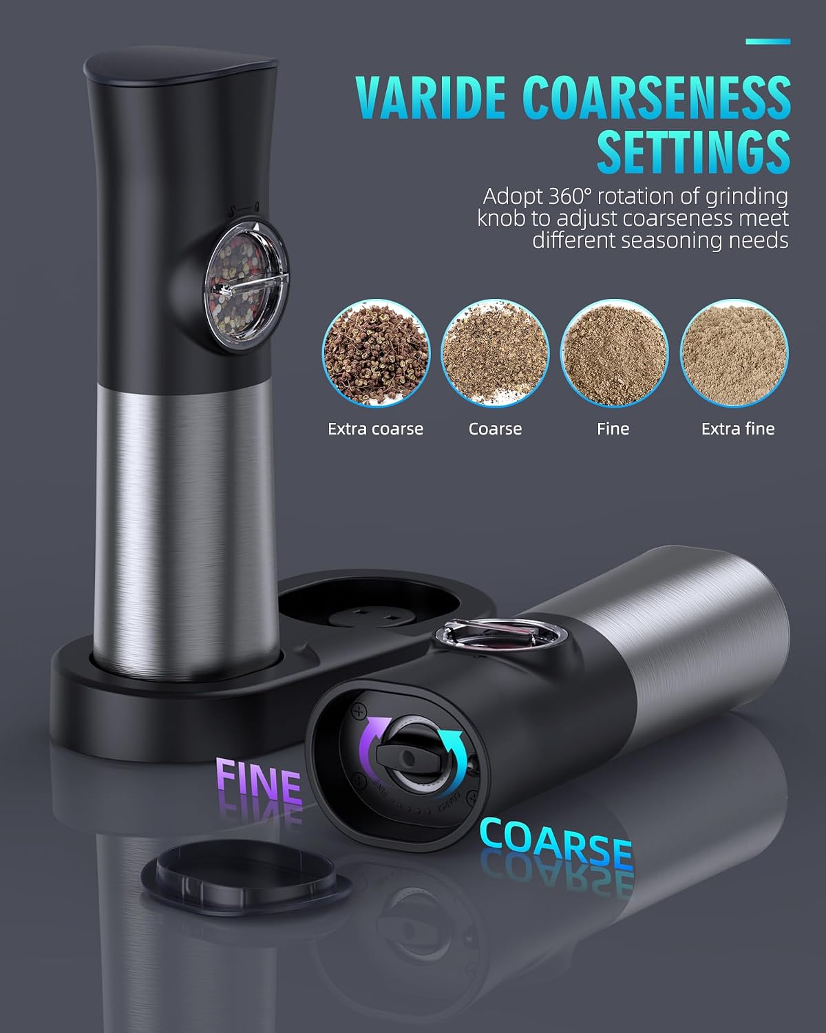 Gravity Electric Salt and Pepper Grinder Set, USB Rechargeable Automatic Salt and Pepper Grinders with Charging Base, Adjustable Coarseness, One-Handed Operation, LED Light, Stainless Steel