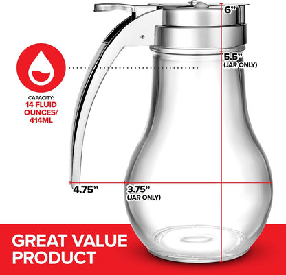 14 oz Glass Syrup Dispenser With No Drip Bottle for Maple Syrup, Honey, Pancake Mix, or Sugar - Dishwasher Safe Container With Metal Easy Pour Lid (414mL)
