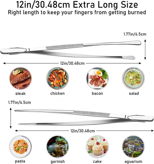 2 Pcs 12" Kitchen Cooking Tweezer Set, Stainless Steel Food-Grade Metal Food Tong, Flexible Pinching, Seamless-Welding, Sturdy and Non-Slip for Serving, Grilling, Frying (Round & Pointed Tip)