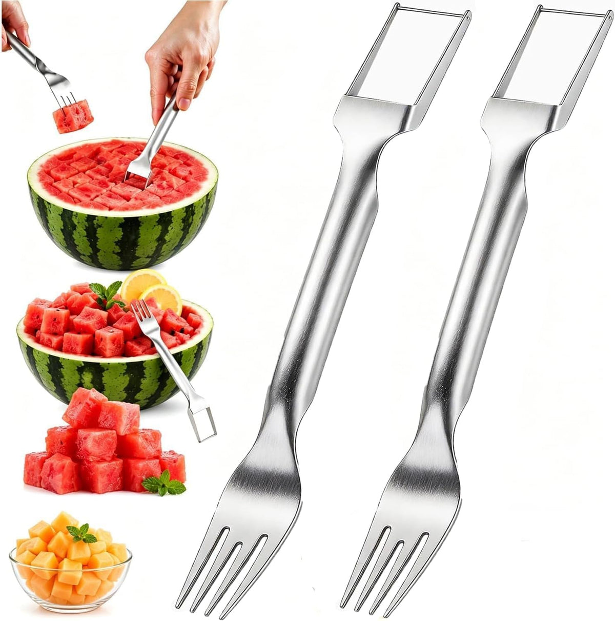 2 Pcs Watermelon Fork Slicer Cutter, 2-in-1 Watermelon Fork Slicer Cutter Set，Watermelon Cutter, Fruit Forks Slicer for Home Party Camping Kitchen Gadget