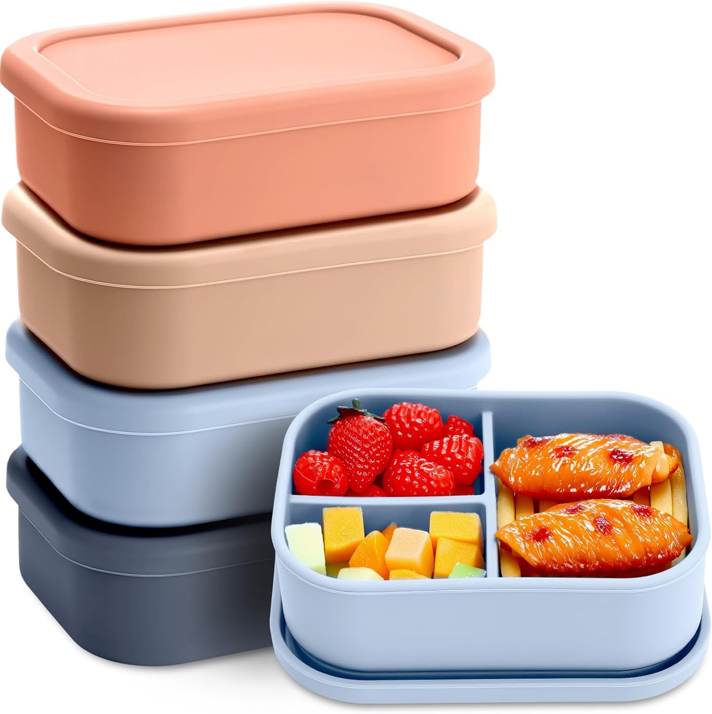 Honeydak 6 Pcs Silicone Bento Box Reusable Silicone Bento Lunch Container for Adults Microwave Dishwasher Freezer Safe 3 Compartment (Light Colors)