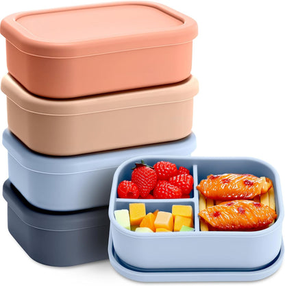 Honeydak 6 Pcs Silicone Bento Box Reusable Silicone Bento Lunch Container for Adults Microwave Dishwasher Freezer Safe 3 Compartment (Light Colors)
