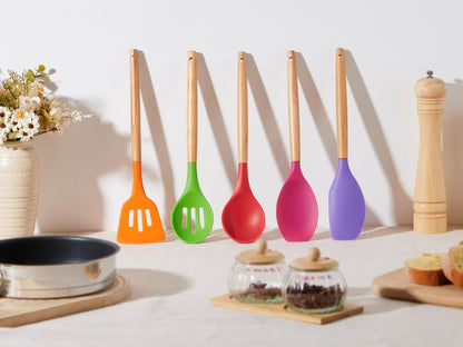 E-far Silicone Cooking Utensils Set, 5-Piece Kitchen Utensils Set with Wooden Handle for Cooking, Silicone Kitchen Nonstick Tools Spatula Turner Slotted Spoons, Nontoxic & Heat Resistant-Khaki