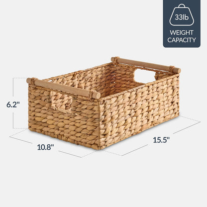 Best Choice Products Wicker Storage Basket, Shelf Organizer Basket w/Wooden Handles, Woven Rectangular Storage Bin, Natural Water Hyacinth for Pantry, Closet, Laundry Room, & Living Room - Chestnut