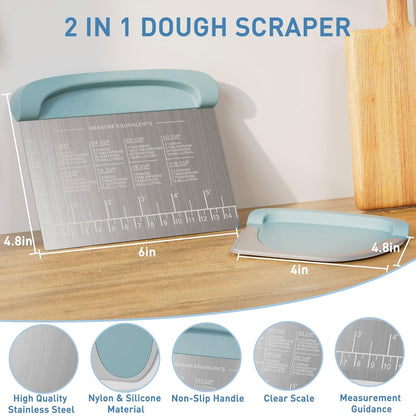 2 IN 1 Upgrade Bench Scraper, Dough Scraper for Pastry Bread Cake Pizza, Stainless Steel Dough Cutter with Conversion Chart & Measuring Scale, Bowl Scraper Food Scraper for Kitchen Baking, Gray
