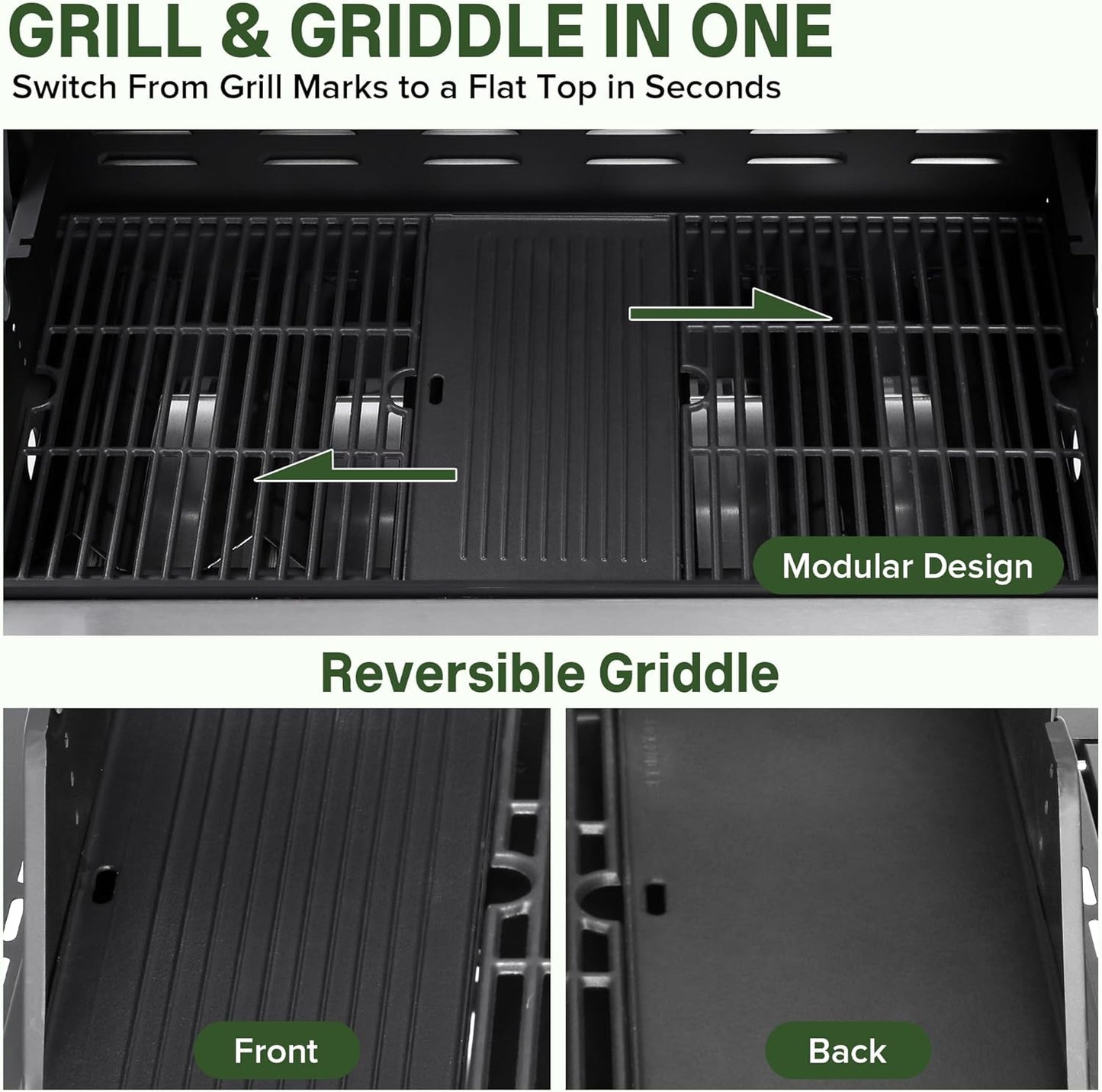 Gas Grill with Side Burner, 3-Burner Propane Grill with Porcelain-Enameled Cast Iron Grates and Double-Wall Insulated Lid, 39,000 BTU BBQ Grill with Wheels for Outdoor Cooking
