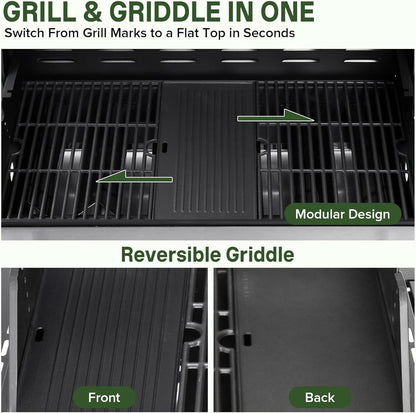 Gas Grill with Side Burner, 3-Burner Propane Grill with Porcelain-Enameled Cast Iron Grates and Double-Wall Insulated Lid, 39,000 BTU BBQ Grill with Wheels for Outdoor Cooking