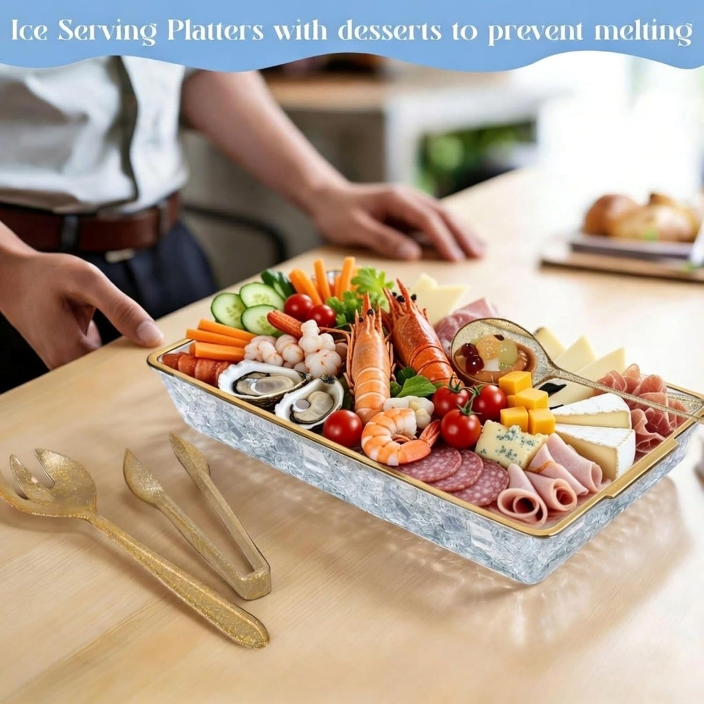Baderke 16" x 9" Chilled Serving Tray for Parties with Compartments Ice Chilled Party Crudite Platter Charcuterie Serving Board Cold Dish Dip with Tableware for Seafood Vegetable(Silver Glitter)