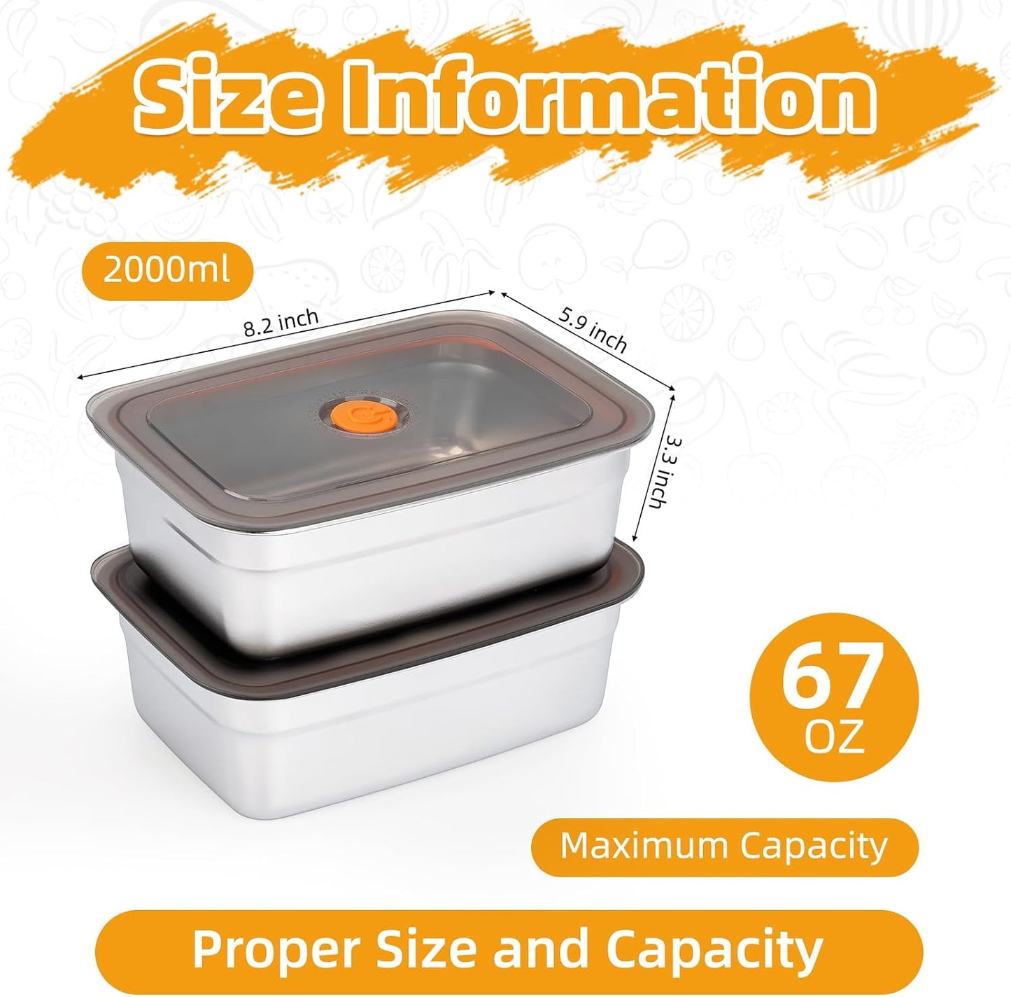2 PCS Stainless Steel Food Storage Containers(67oz) with Lids Leak Proof & Airtight | Stainless steel freezer Containers,Airtight Bento Lunch Box,For Meal Prep,Fruit,Freezer