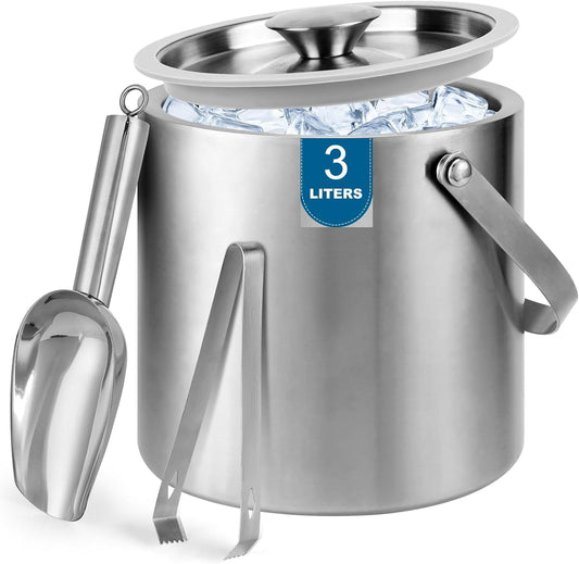 4L Stainless Steel Ice Bucket With Lid, Insulated Double-Wall Ice Buckets with Scoop & Tongs for Parties, Portable Ice Container for Chilled Champagne Wine Drink, Ideal for Home/Activities/Bar Freezer