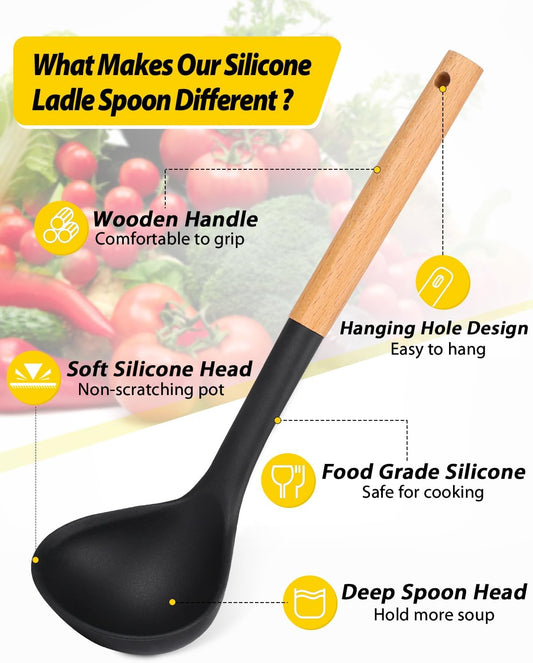BUNDLEPRO Silicone Soup Ladle Spoon Kitchen Utensils, 2 Pack,Black-Khaki