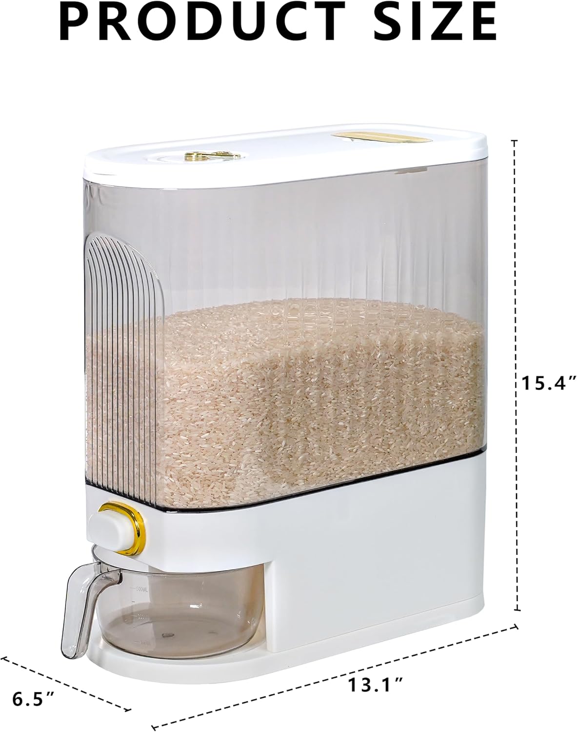 Rice Storage Container 10kg, Clear Food Grain Dispenser with Date Dial & Measuring Cup, Space-Saving Organizer for Rice, Cereal, Pet Food, Pasta