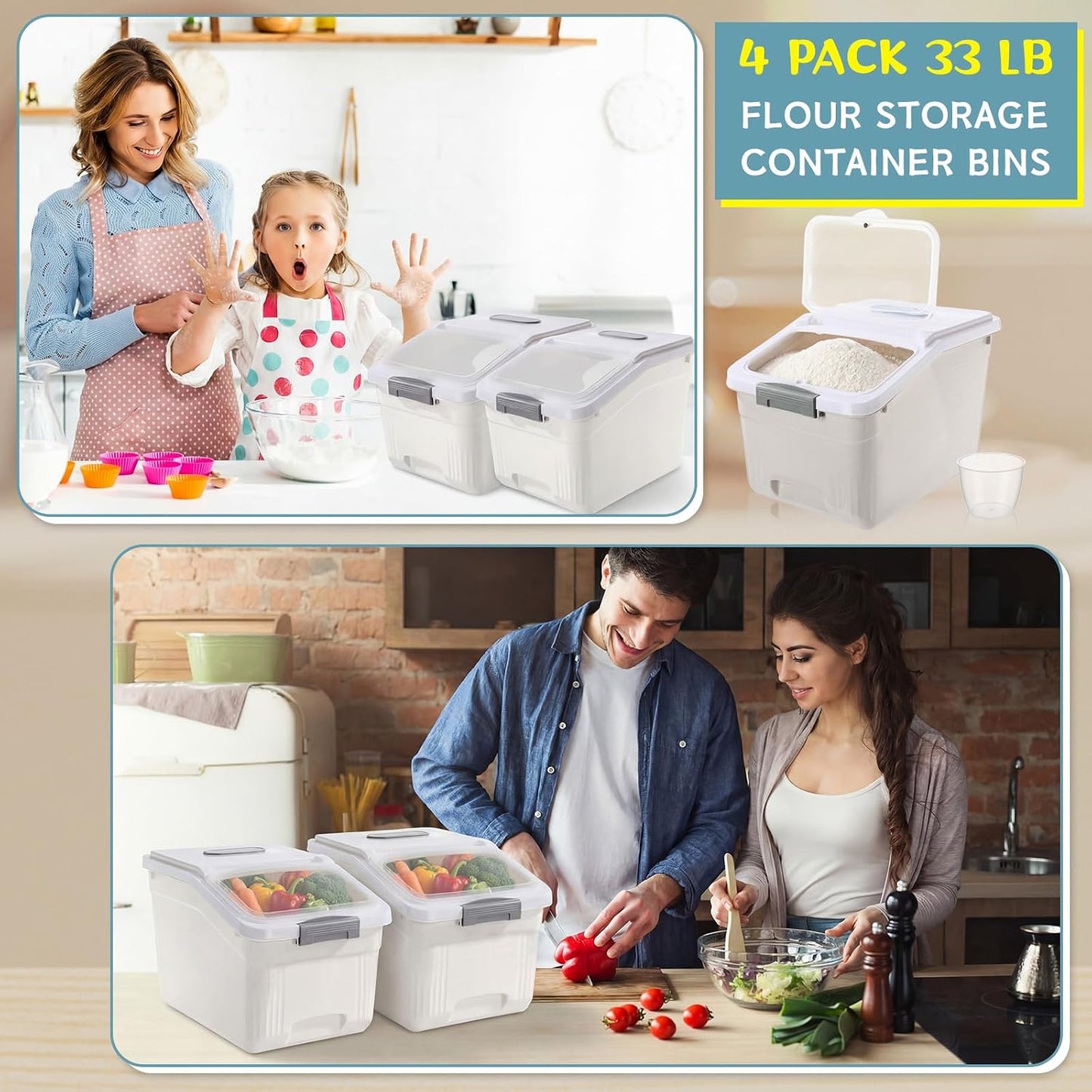 Blushtier 4 Pack Large Rice Storage Containers 30 Lbs Airtight Flour Container with Seal Locking Lid and Measuring Cup Kitchen Dry Food Storage Bins for Cereal Sugar Beans(Transparent White)