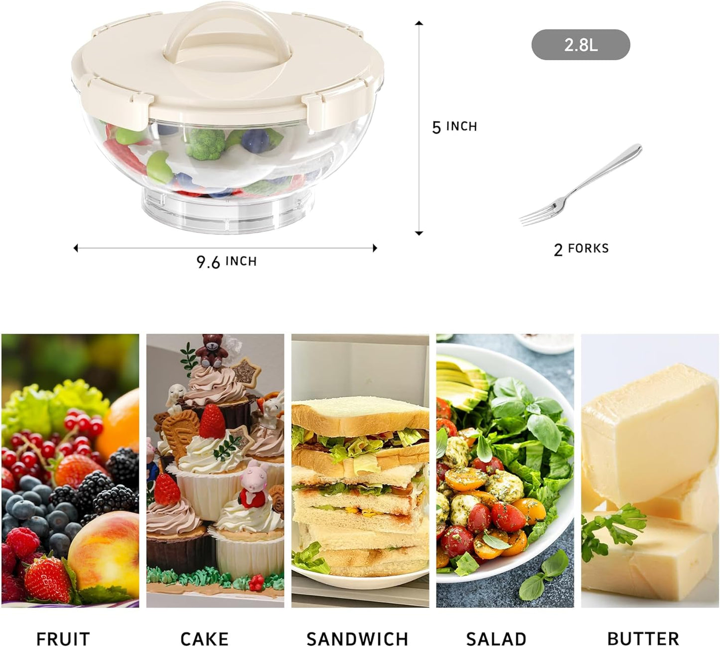 MANO 2pack Large Iced Salad Bowl with Lid and Utensils to Go Ice Chilled Food Serving Containers with Handles for Fruit Veggie Storage for Fridge Refrigerator Party Camping, Picnic, Beige