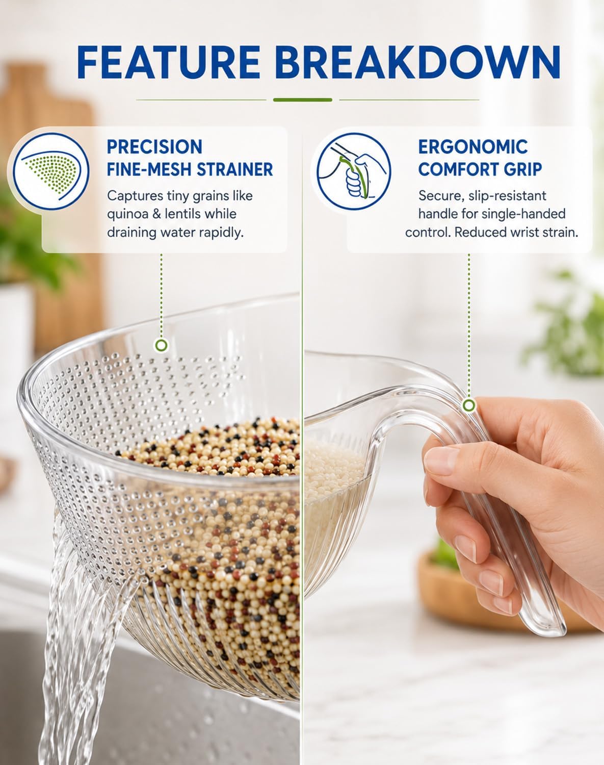 Multipurpose Rice Washing Bowl Strainer with Handle，Transparent：Small+Large