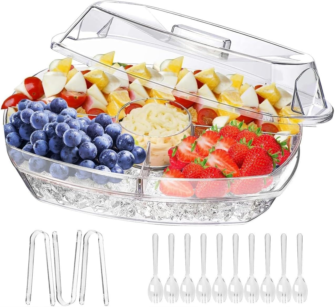 Fruit & Veggie Ice Serving Tray with Lid – 4 Compartments, Buffet Server for Shrimp Cocktail, Appetizers & Cold Foods – Includes 3 Tongs & 10 Sporks