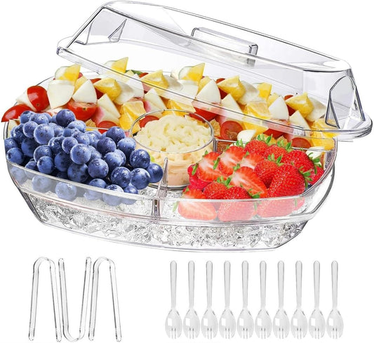 Fruit & Veggie Ice Serving Tray with Lid – 4 Compartments, Buffet Server for Shrimp Cocktail, Appetizers & Cold Foods – Includes 3 Tongs & 10 Sporks