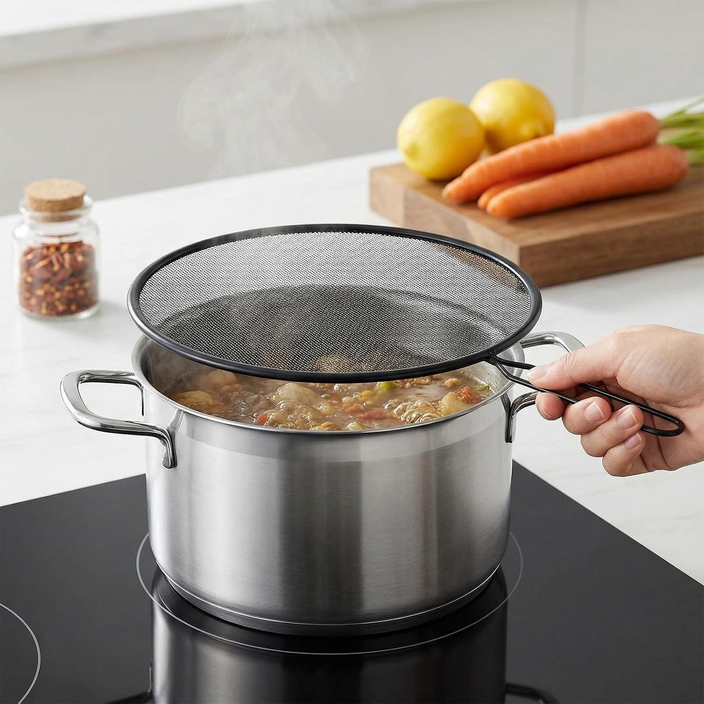 Splatter Screen 8 Inch Stainless Steel Grease Splatter Screen Fine Spatter Shield Frying with Comfortable Handle for Cooking Shield from Splashing Oil (Black)