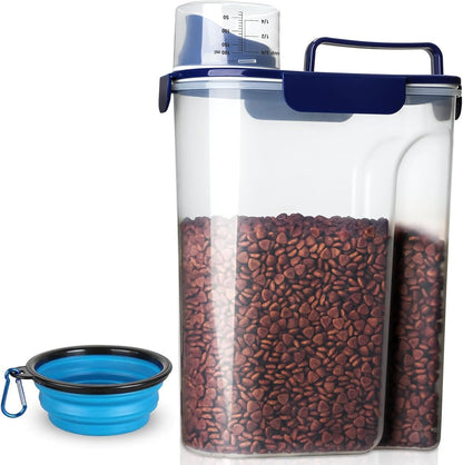 TIOVERY Upgraded Dog Food Storage Container Small, Cat Food Container Airtight, Pet Food Container Dispenser with Pour Spout, Measuring Cup and 4 Seal Buckles for Dogs, Cats, Birds (Blue)