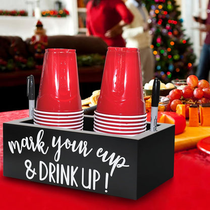 Double Cup Holder Party Cup Dispenser Wooden Cup Organizer Mark Your Cup and Drink Up Caddy Farmhouse Bar Counter Decor Holiday Halloween Christmas Party Supplies (Black)