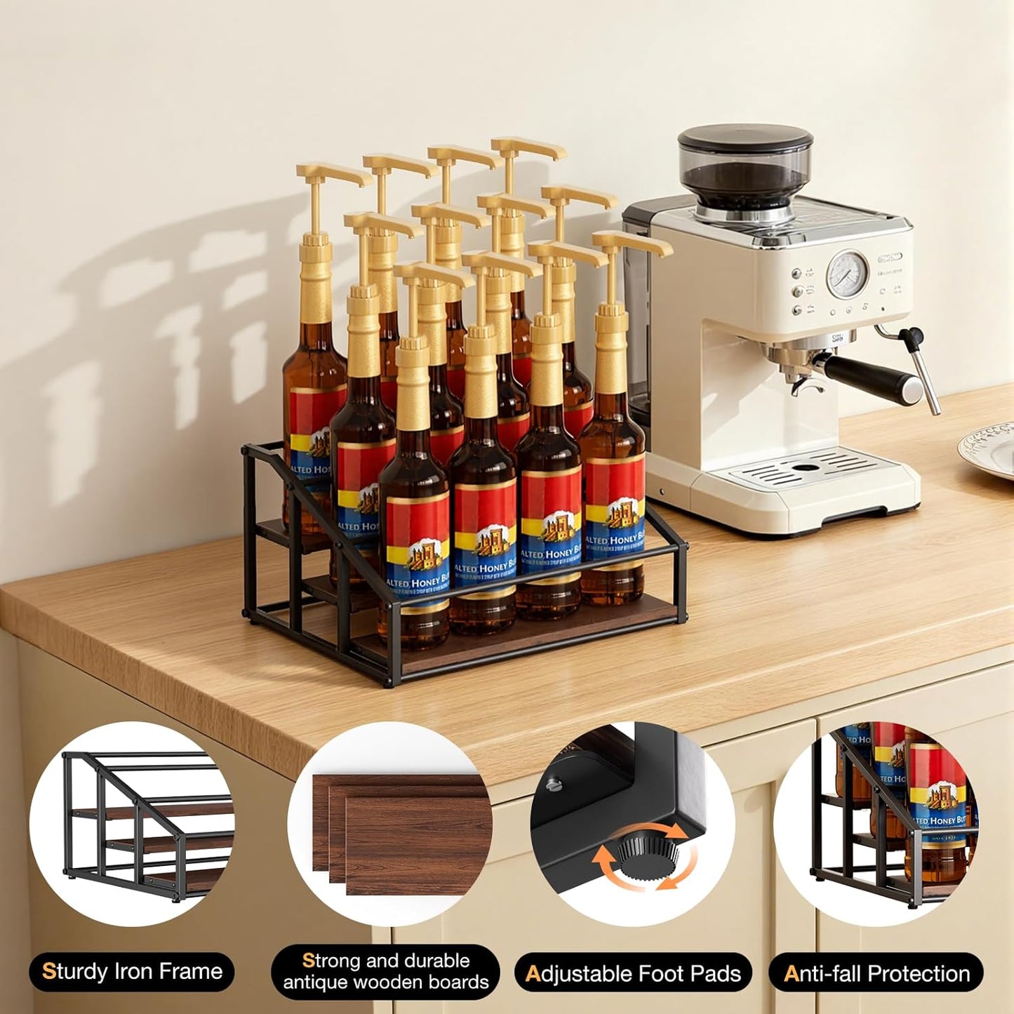 kimilus Coffee Syrup Organizer Rack, Liquor Bottle Display Shelf, 2 Tier 10 Syrup Bottles Holder Stand for Coffee Bar Kitchen Small Wine Rack for Family Storage for Syrup Wine Dressing