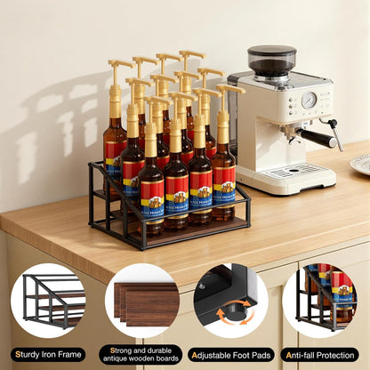 kimilus Coffee Syrup Organizer Rack, Liquor Bottle Display Shelf, 2 Tier 10 Syrup Bottles Holder Stand for Coffee Bar Kitchen Small Wine Rack for Family Storage for Syrup Wine Dressing