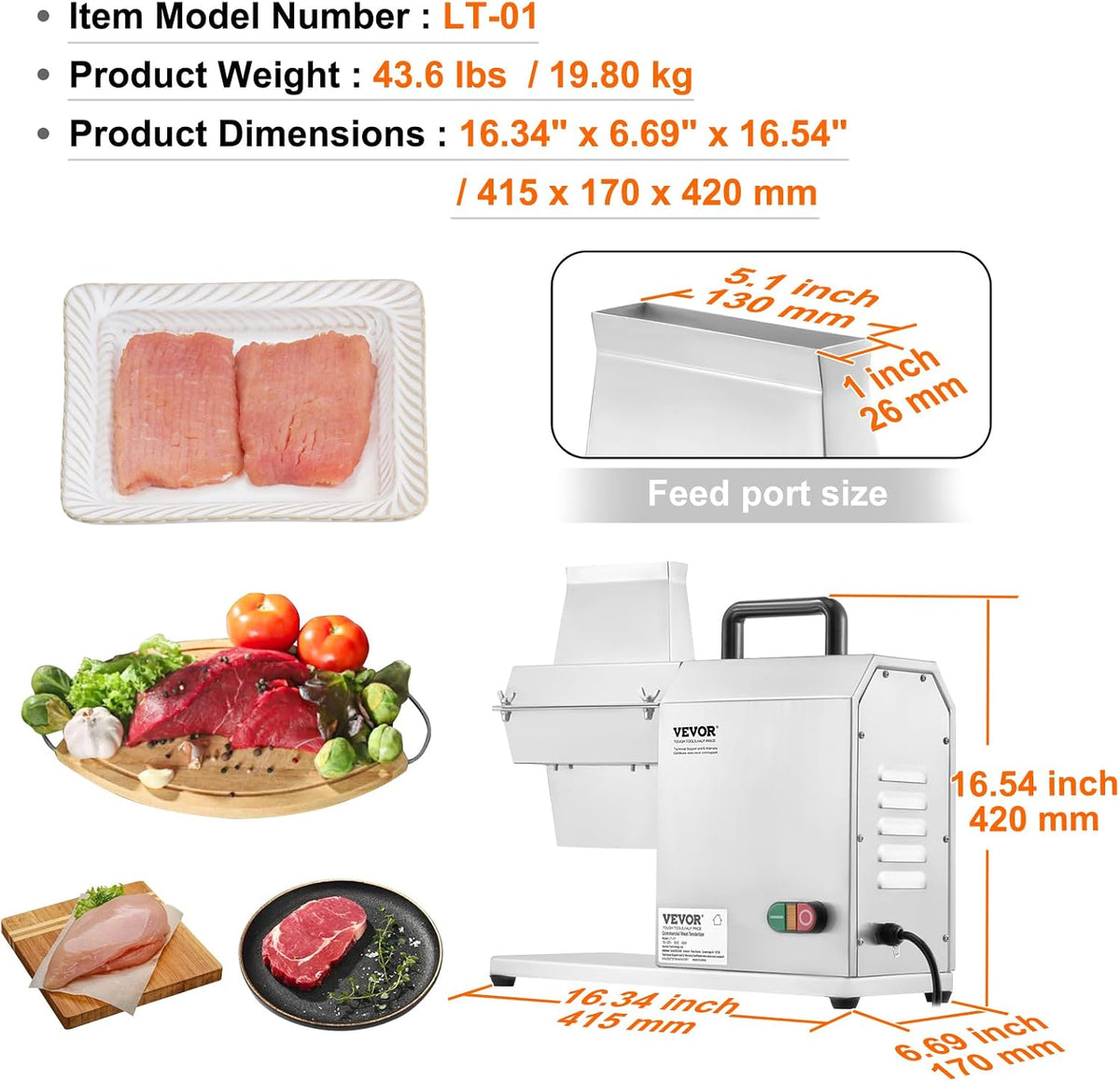 VEVOR Commercial Meat Tenderizer 17 Inch, Heavy Duty Stainless Steel Kitchen Tool with Handle, Meat Tong, and Cleaning Brush, 450W Electric Meat Tenderizer Machine for Beef,Turkey,Chicken,Pork,Fish