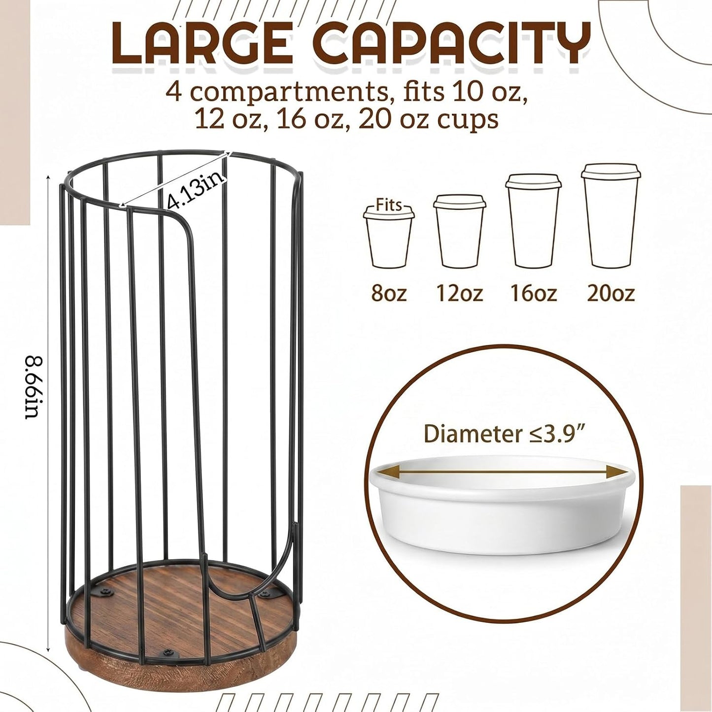 Geelin 18oz Adjustable Coffee Cup Dispenser with Wooden Base, Cup and Lid Holder, Cups Holder Organizer for Coffee Pod Straw and Lid Storage(2-compartment Single,Color 2)