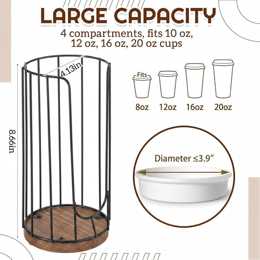 Geelin 18oz Adjustable Coffee Cup Dispenser with Wooden Base, Cup and Lid Holder, Cups Holder Organizer for Coffee Pod Straw and Lid Storage(2-compartment Single,Color 2)