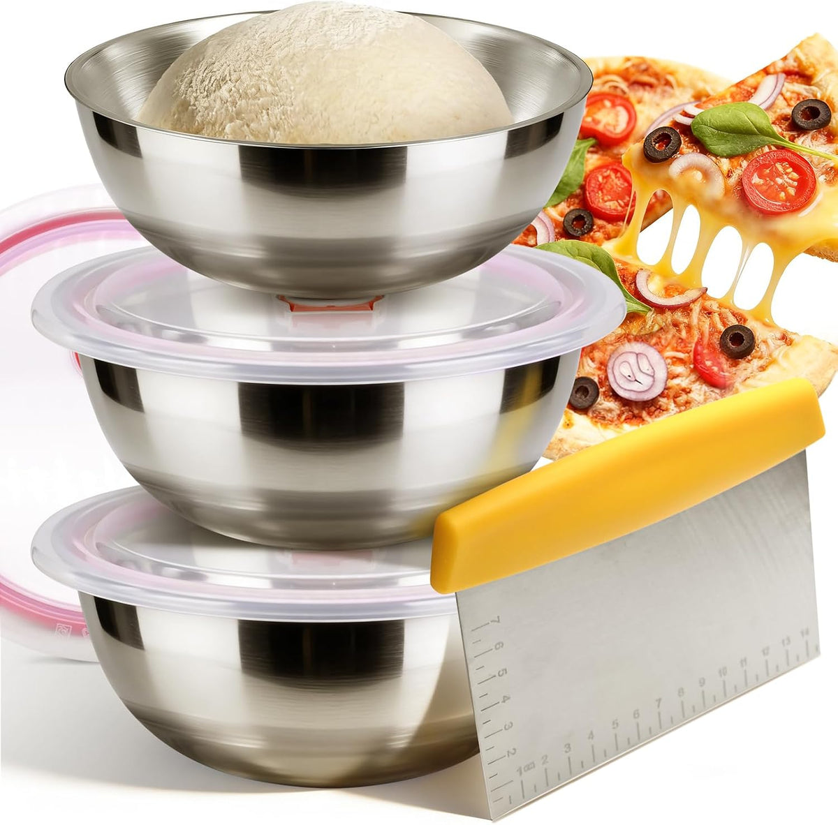 Pizza Dough Proofing Container, 29oz/850ml Stainless Steel Proofing Box with Clear Airtight Lids, Stackable Fermentation Storage for Pizza, Bread, Sourdough, Includes Dough Cutter