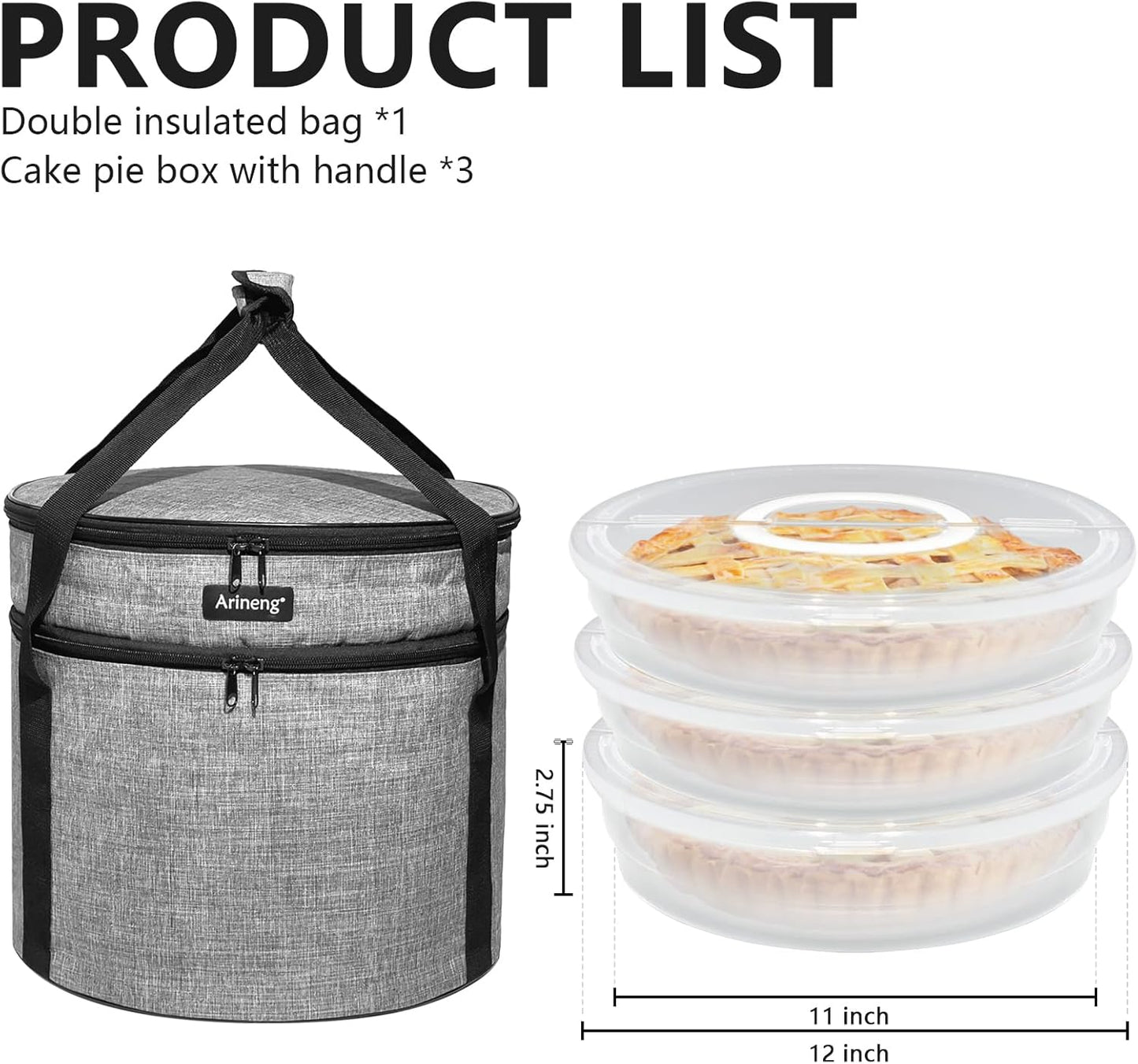 3 pack pie carrier with lid and handle,of insulated bag,pie carriers for transport,Holds 3 pies/Pizza,Thanksgiving Day (Grey, 3 pie carriers + insulated bag)