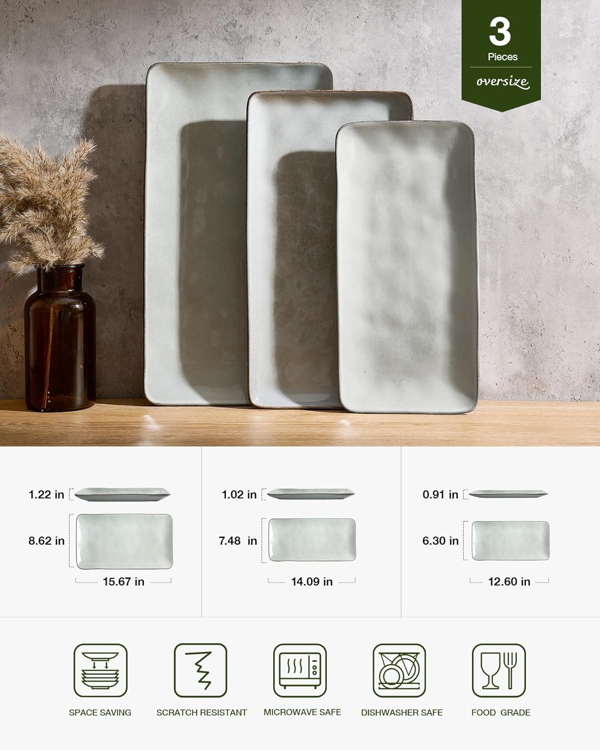 Famiware Serving Platter, Rectangular 15.67/14.1/12.6inch Serving Dishes for Entertaining, Microwave Dishwasher Safe, Stoneware Serving Trays for Party, Turkey, Cheese, Ocean Series, Cappuccino White