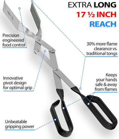 Steak Grill Tongs - 17 inch Red. Professional outdoor grilling utensil. Long reach Barbeque Grilling Tongs. Ideal for steak, fish, burger, and sausage