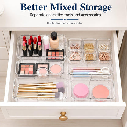 15-Piece Expandable Drawer Organizer Set, Clear 2-Size Bins | 15-piece set, clear expandable bins, 2 sizes, for makeup, vanity, desk and kitchen drawers