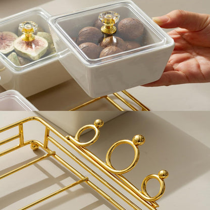 YA JU Ceramic Bowls and with Lid Gold Basket Trays, 6 Removable Small Bowls Condiment Trays Nut Serving Set for Snacks, Fruits, Candy and Condiments -Great for Parties, Holiday Gifts, White