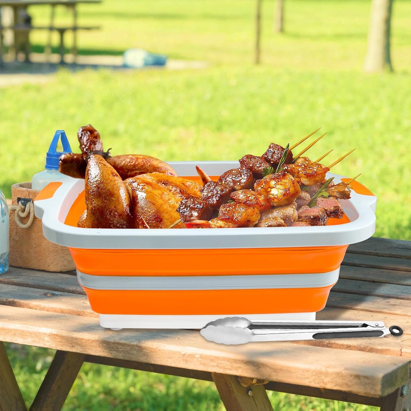 Collapsible BBQ Prep Tub 8L Black | Portable Meat Marinating Container with Locking Cutting Board Lid, BBQ Tongs, 2 Meat Shredding Claws & 2 Heat-Resistant Grill Gloves for Camping & Grilling