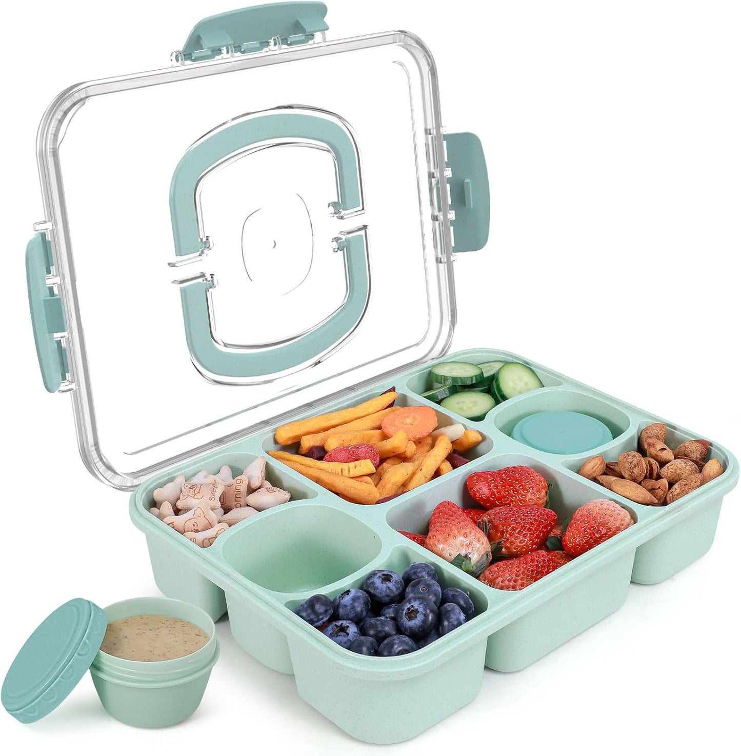 Large Snackle Box Container with 2 Sauce Cups, 8-Compartment Divided Serving Tray with Lid & Handle, Portable Snack Tray for Travel Picnic, Leak-Proof, Dishwasher Safe, BPA-Free