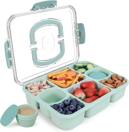 Large Snackle Box Container with 2 Sauce Cups, 8-Compartment Divided Serving Tray with Lid & Handle, Portable Snack Tray for Travel Picnic, Leak-Proof, Dishwasher Safe, BPA-Free
