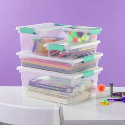 Sterilite Deep Clip Box, Stackable Small Storage Bin with Latching Lid, Plastic Container to Organize Paper, Office, Home, Clear Base and Lid, (Pack of 4)