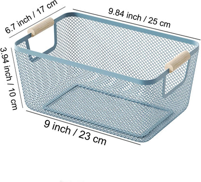 AJIODA Metal Mesh Steel Basket, Large Wire Storage Organizer Basket Multi-function Hanging Kitchen Baskets with Wood Handle for Kitchen Bathroom Picnic Home, Rectangle-Off White