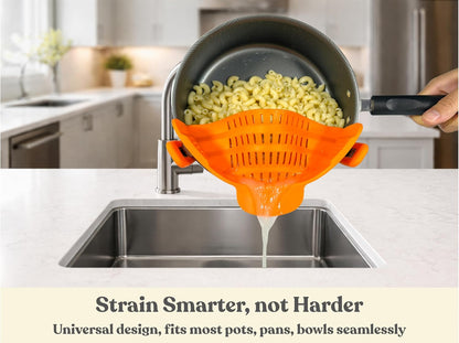 Clip On Strainer Silicone for Pots and Pans, Universal Fit Pasta Strainer and Pot Colander, Space Saving Food Drainer with Collapsible Funnel and Garlic Peeler, 3 Pcs Set, Gray