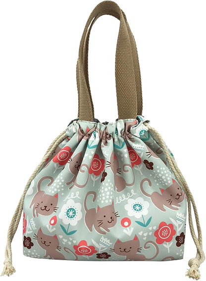 enyuwlcm Mini Lunch Tote Pouch Reusable Small Cute Lunch Bag with Drawstring Suitable for Girls Women Cat Blue